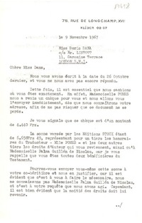 [Carta] 1967 nov. 9, Kléber, Francia [a] Doris Dana, London S.W.I.