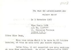 [Carta] 1967 nov. 9, Kléber, Francia [a] Doris Dana, London S.W.I.