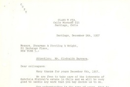 [Carta] 1957 dic. 9, Santiago, Chile [a] Messrs. Sherman & Sterling & Wright, New York