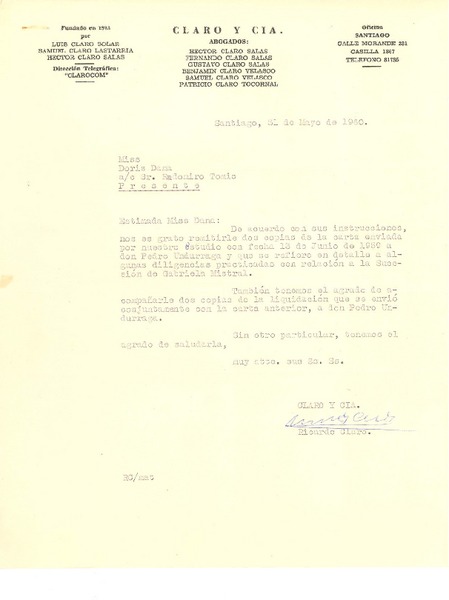 [Carta] 1960 may. 31, Santiago, Chile [a] Doris Dana, New York