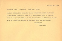 [Telegrama] 1959 oct. 30, [Pound Ridge, New York] [a] Benjamín Claro, Santiago, Chile
