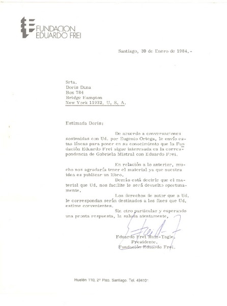 [Carta] 1984 ene. 30, Santiago, Chile [a] Doris Dana, Washington D.C.