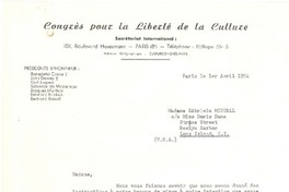 [Carta] 1954 abr. 1, París, Francia [a] Gabriela Mistral, Long Island, New York