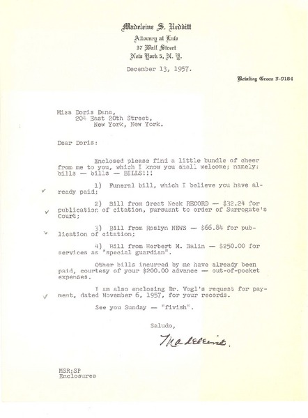 [Carta] 1957 dec. 13 New York [a] Doris Dana, New York