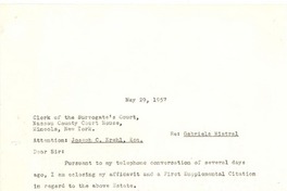 [Carta] 1957 may. 29, New York [a] Clerk of the Surrogate's Court, New York