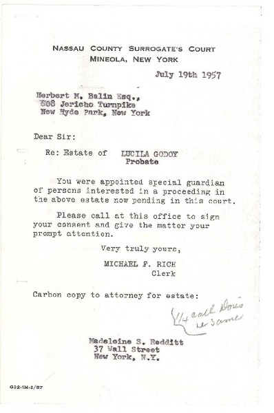[Carta] 1957 jul. 19, New York [a] Herbert M. Balin Esq., New York