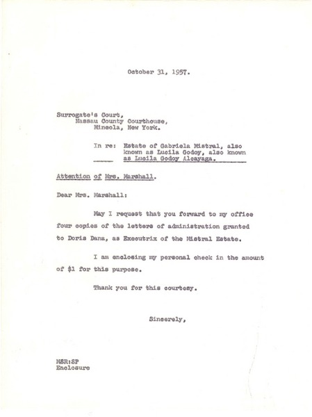 [Carta] 1957 oct. 31, New York [a] Surrogate's Court, Nassau County Courthouse, New York