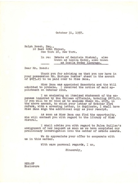 [Carta] 1957 oct. 31, New York [a] Ralph Bosch, Esq., New York
