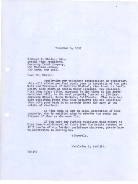 [Carta] 1957 dic. 6, [New York] [a] Richard V. Whalen, Esq., New York