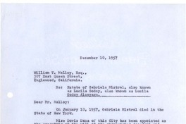 [Carta] 1957 dic. 10, [New York] [a] William T. Malloy, Esq., California