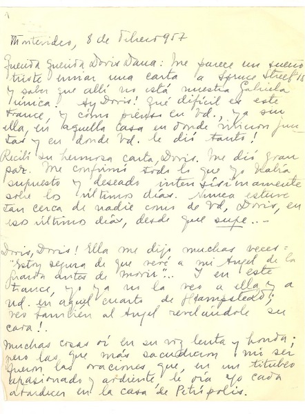 [Carta] 1957 feb. 8, Montevideo, Uruguay [a] Doris Dana, [New York]