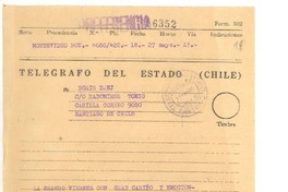 [Telegrama] 1960, may. 31, Montevideo, Uruguay [al] Doris Dana, Santiago, Chile