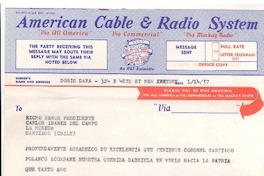 [Telegrama] 1957, ene. 14, New York [a] Carlos Ibáñez del Campo, Santiago, Chile
