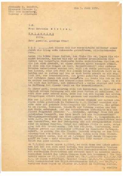 [Carta], 1950 jun. 5, Bad Godesberg, Alemania [a] Gabriela Mistral, Valparaíso, Chile