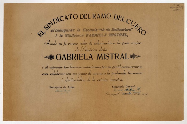 [Diploma] 1938 sep. 18, Guayaquil, Ecuador [a] Gabriela Mistral