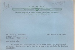 [Carta] 1941, entre nov. 4 y dic. 3, California, Estados Unidos [a] Luis Omar Cáceres