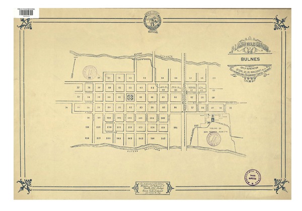 Plano de la ciudad de Bulnes con la numeración oficial de las manazanas [material cartográfico] : de la Asociación Chilena de Aseguradores Contra Incendio.