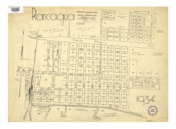 Rancagua 1934 con la numeración oficial de manzanas [material cartográfico] : de la Asociación de Aseguradores de Chile