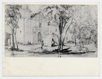 [Dibujo de una calle con árboles y transeúntes de la ciudad de Santiago, frente a una iglesia]
