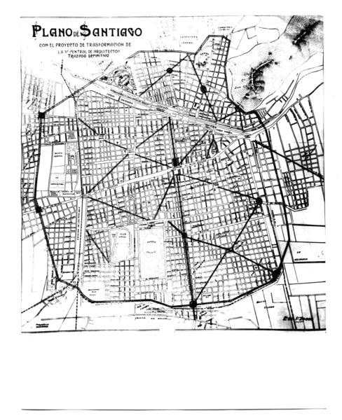 Plano de Santiago, con el proyecto de transformación de la Central de Arquitectos. Trazado definitivo