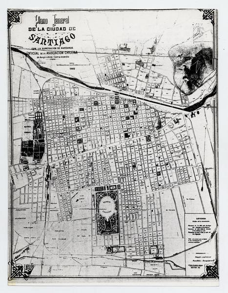 Plano Jeneral de la Ciudad de Santiago con la numeración de manzanas. [Plano] Oficial de la Asociación Chilena de Aseguradores contra incendios, 1902