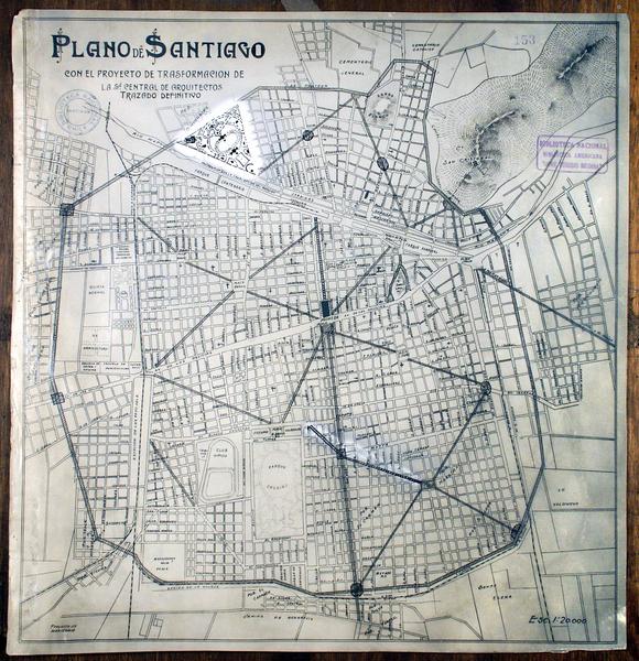Plano de Santiago con el proyecto de transformación de la Sociedad Central de Arquitectos. Trazado definitivo