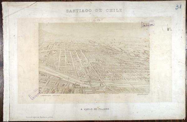 [Vista panorámica de Santiago, títulado "Santiago de Chile : a vuelo de pájaro"]