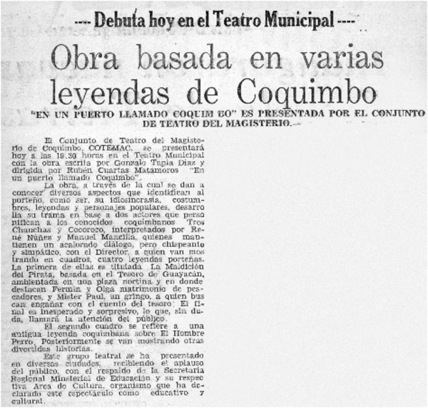 Obra basada en varias leyendas de Coquimbo.