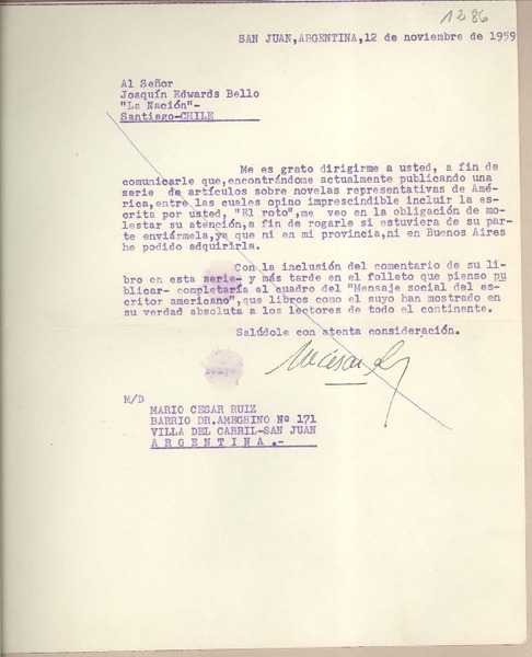 [Carta] 1959 noviembre 12, San Juan, [Argentina] [a] Joaquín Edwards Bello