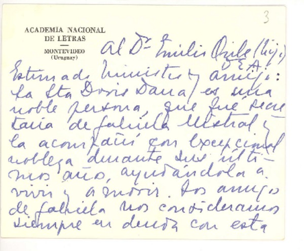 [Tarjeta] [1960], Montevideo, Uruguay [al] Sr. Ministro Emilio Oribe