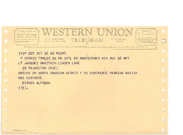 [Telegrama] 1966 oct. 26, Montevideo, Uruguay [al] Jacques Maritain [Princeton]