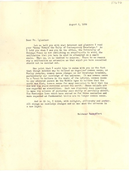[Carta] 1938 ago. 2, [Chicago, Illinois] [a] Dear Mr. Iglesias