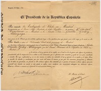Cédula Presidencial [aceptando el nombramiento de Gabriela Mistral como Cónsul Honorario de Chile en Madrid, España]
