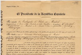 Cédula Presidencial [aceptando el nombramiento de Gabriela Mistral como Cónsul Honorario de Chile en Madrid, España]