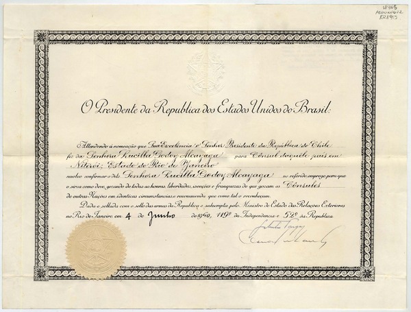 [Carta patente] [aceptando el nombramiento de Gabriela Mistral como Cónsul de Niteroi, Estado de Río de Janeiro en Brasil.]