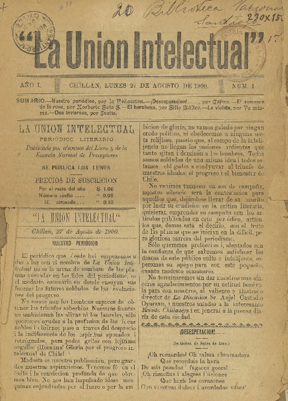 Unión intelectual publicado por los alumnos del Liceo y de la Escuela Normal de Preceptores.