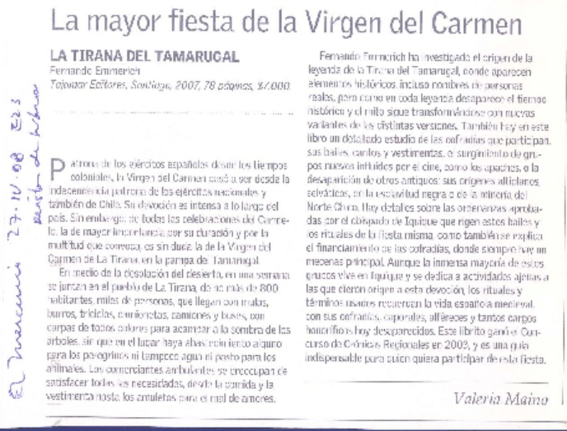 La mayor fiesta de la Virgen del Carmen  [artículo] Valeria Maino.