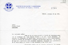 [Carta] 1990 octubre 15, Temuco, Chile [a] Oreste Plath  [manuscrito] Alicia Candia B.