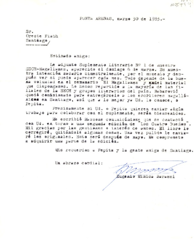 [Carta] 1983 marzo 30, Punta Arenas, Chile [a] Oreste Plath  [manuscrito] Eugenio Mimica Barassi.
