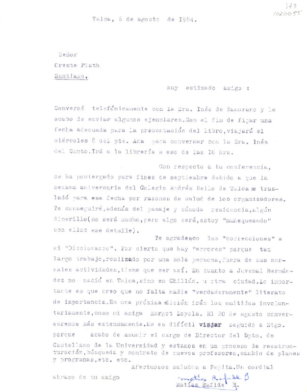 [Carta] 1984 agosto 6, Talca, Chile [a] Oreste Plath  [manuscrito] Matías Rafide.