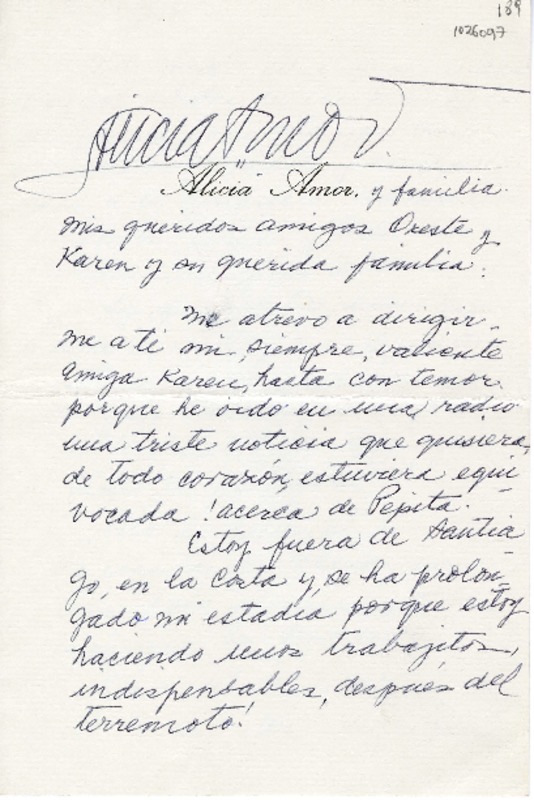 [Carta] 1986, verano, Algarrobo, Santiago [a] Oreste Plath  [manuscrito] Alicia Amor.