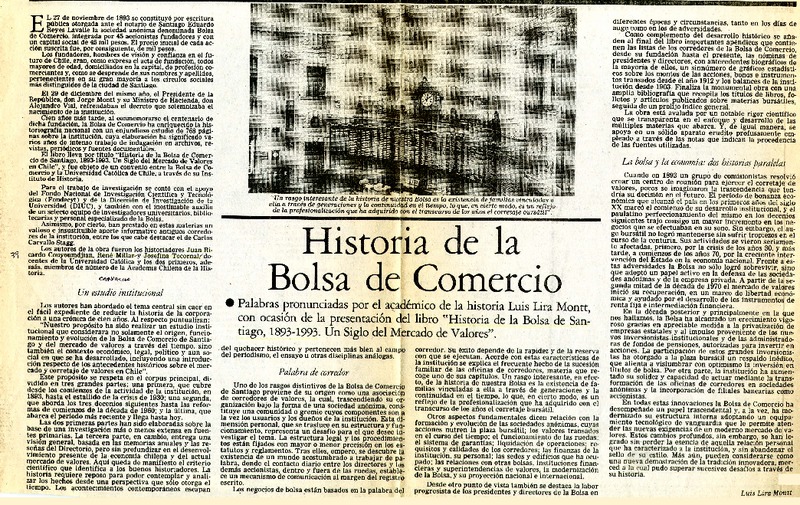 Historia de la bolsa de comercio  [artículo] Luis Lira Montt.