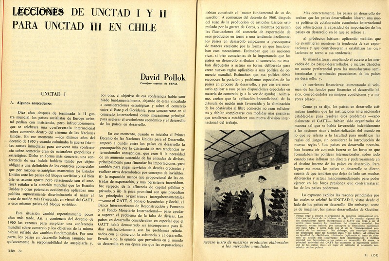 Lecciones de UNCATD I y II para UNCTAD III en Chile  [artículo] David Pollok.