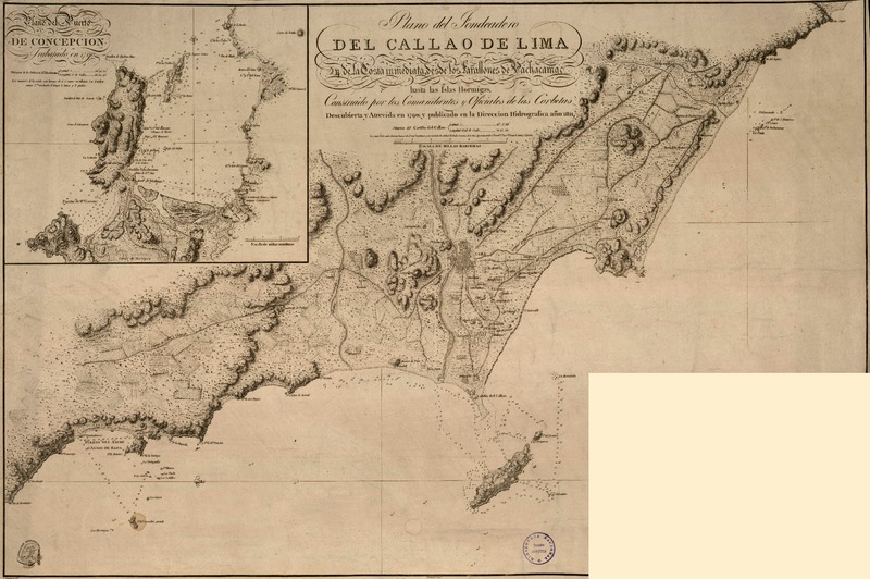 Plano del fondeadero del Callao de Lima y de la costa inmediata, desde los farellones de Pachacamac hasta las Islas Hormigas  [material cartográfico] construido por los Comandantes y Oficiales de las Corbetas. Descubierta y Atrevída en 1790 y publicado en la Dirección Hidrográfica año 1811.