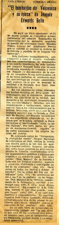 "El bombardeo de Valparaíso y su época" de Joaquín Edwards Bello  [artículo] Gonzalo Drago.