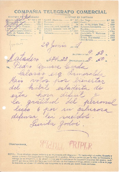 [Telegrama], 1921 jun. 29 Santiago, Chile <a> Pedro Aguirre Cerda, Chile
