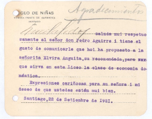 [Carta], 1921 sept. 22 Santiago, Chile <a> Pedro Aguirre Cerda, Chile