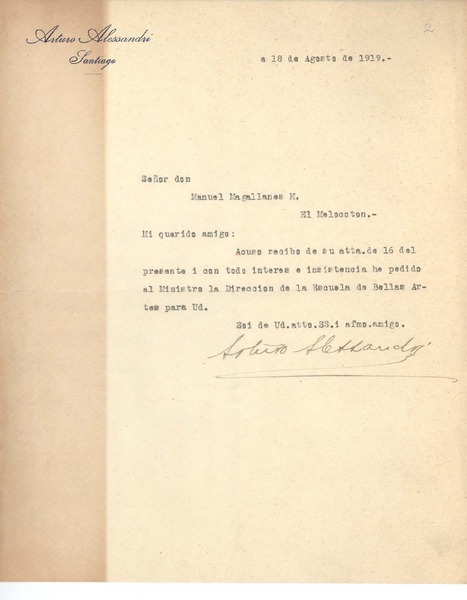 [Carta] 1919 ago. 18, Santiago, Chile [a] Manuel Magallanes Moure