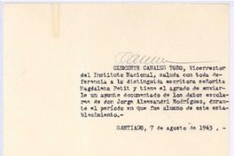 [Tarjeta], 1963 ago. 7 Santiago, Chile <a> Magdalena Petit