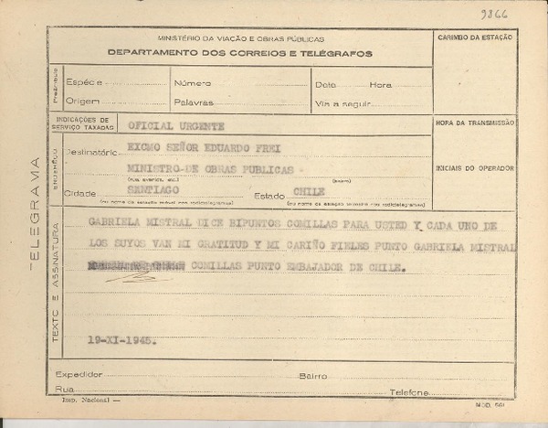 [Telegrama] 1945 nov. 19, [Brasil] [a] Eduardo Frei, Santiago, Chile